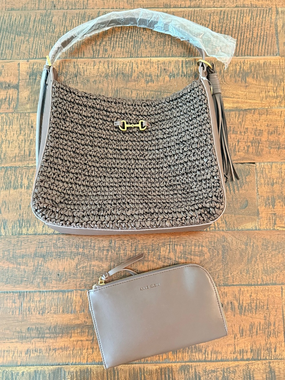 Anne Klein Chocolate Brown Braided Straw Shoulder Bag with Matching Pouch